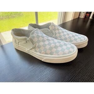 Vans Classic Slip-On Checkerboard Light Blue White Sneakers Women’s Shoes